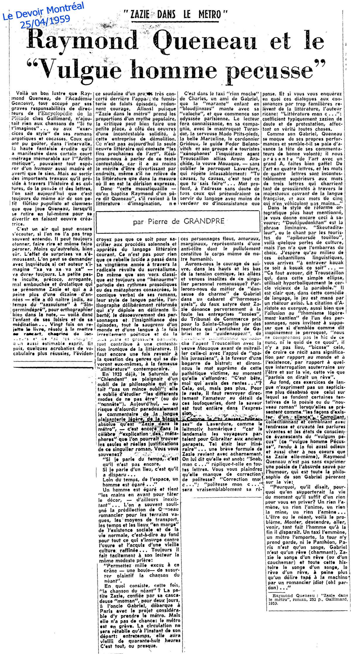 Le Devoir de Montréal - 25 avril 1959